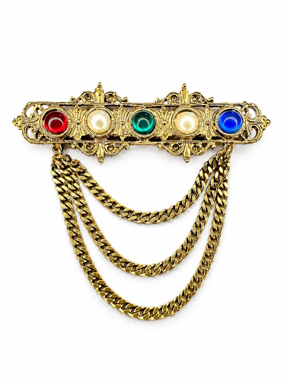 Vintage Gold Tone Filigree‎ Bar Brooch with Drape Chains & Multicolor Cabochons